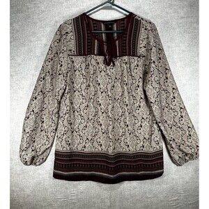 Signature Studio Womens Shirt Size Large L Maroon Beige Tie Front Long Sleeve